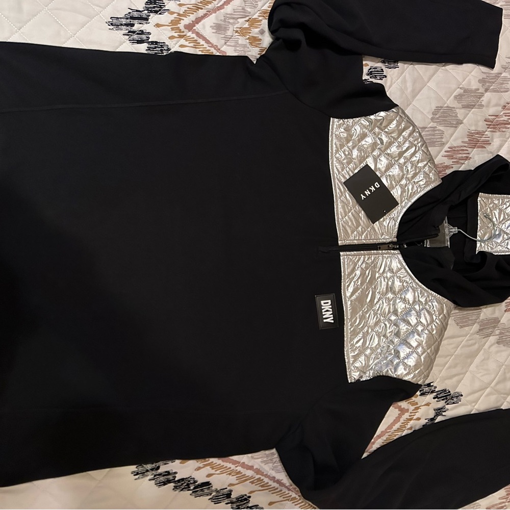 DKNY Black Top with Silver Quilted hoodie. Size Medium. NWT. - Picture 8 of 11
